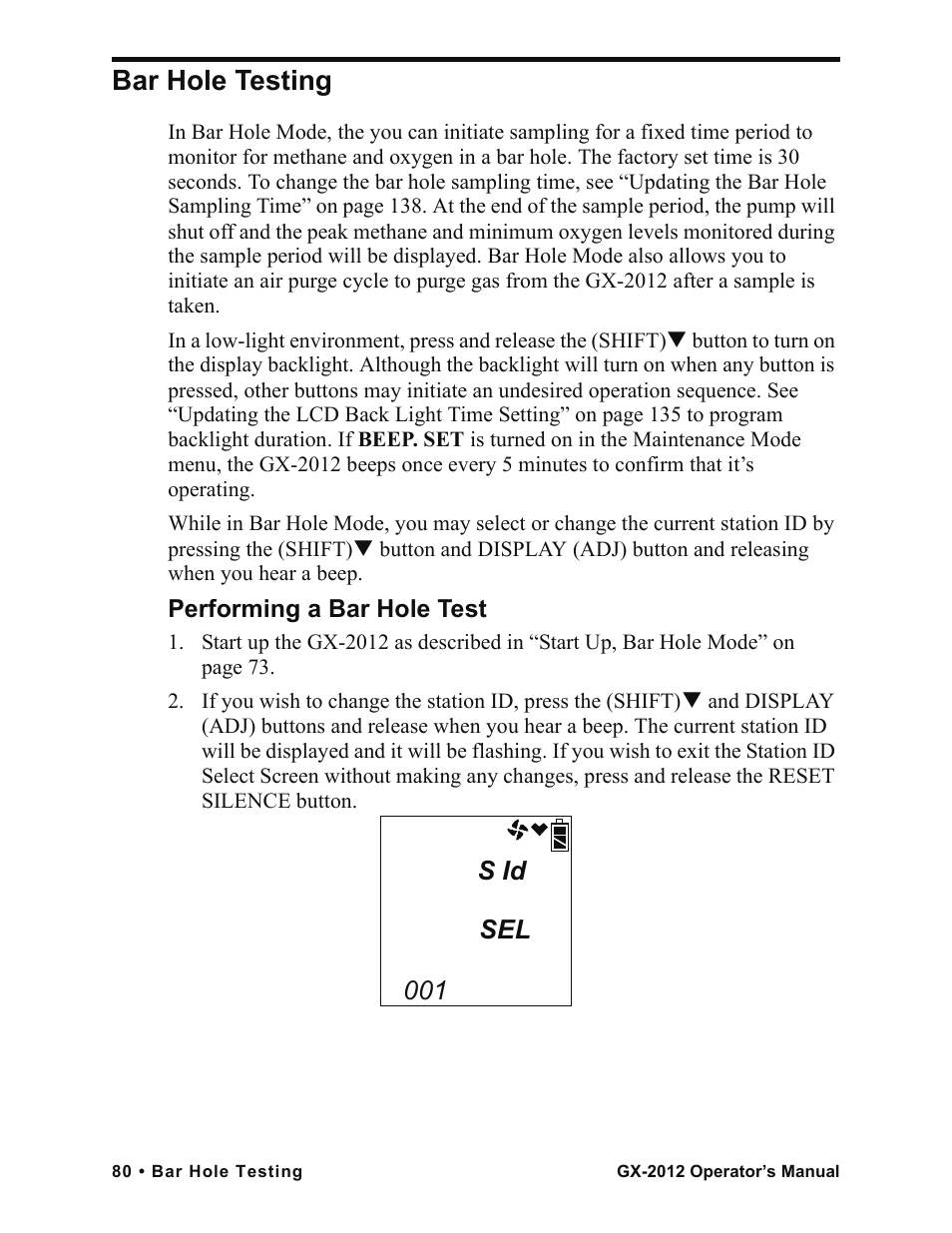 Bar hole testing, S id 001 sel | RKI Instruments GX-2012 Manual User Manual | Page 88 / 185