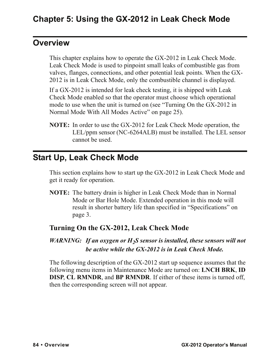 Start up, leak check mode | RKI Instruments GX-2012 Manual User Manual | Page 92 / 185