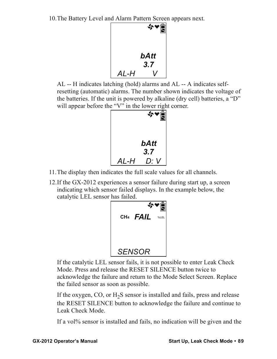 Batt 3.7 al-h v batt 3.7 al-h d: v fail, Sensor | RKI Instruments GX-2012 Manual User Manual | Page 97 / 185