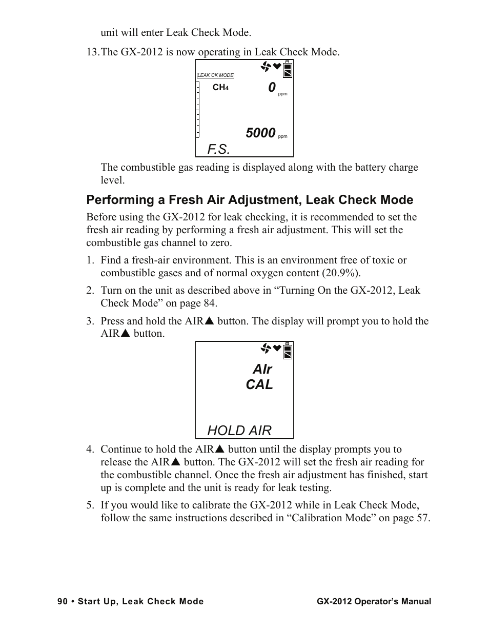 Air cal, Hold air, Performing a fresh air adjustment, leak check mode | RKI Instruments GX-2012 Manual User Manual | Page 98 / 185