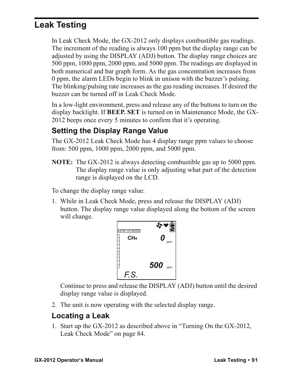 Leak testing, Setting the display range value, Locating a leak | RKI Instruments GX-2012 Manual User Manual | Page 99 / 185