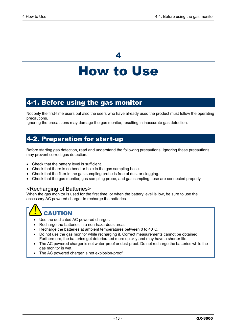 How to use, 1. before using the gas monitor, 2. preparation for start-up | RKI Instruments GX-8000(PT0-098) User Manual | Page 13 / 52