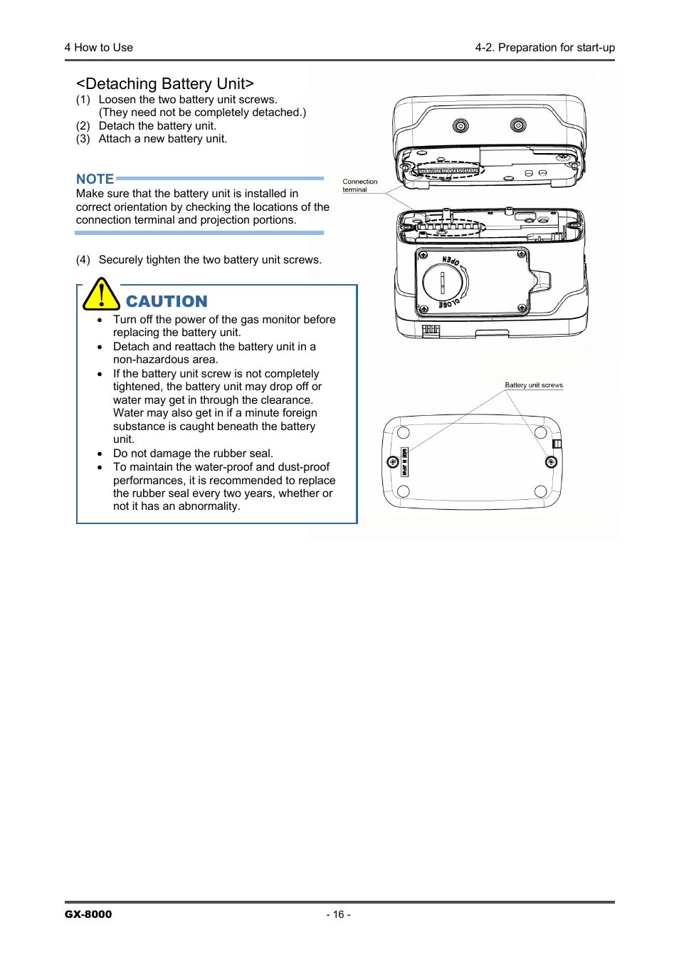 Caution, Detaching battery unit | RKI Instruments GX-8000(PT0-098) User Manual | Page 16 / 52