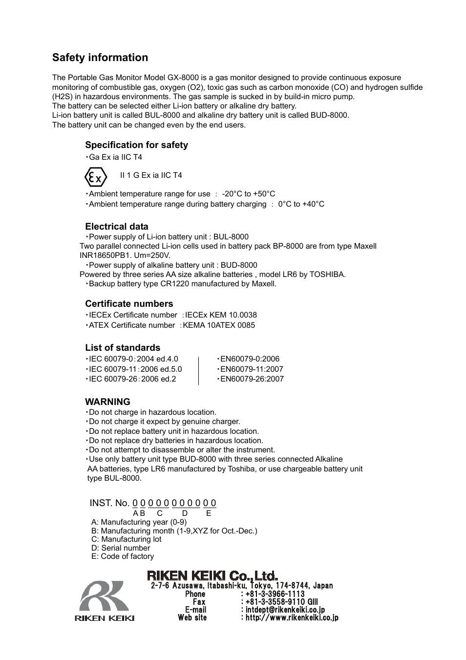 Safety information | RKI Instruments GX-8000(PT0-098) User Manual | Page 2 / 52