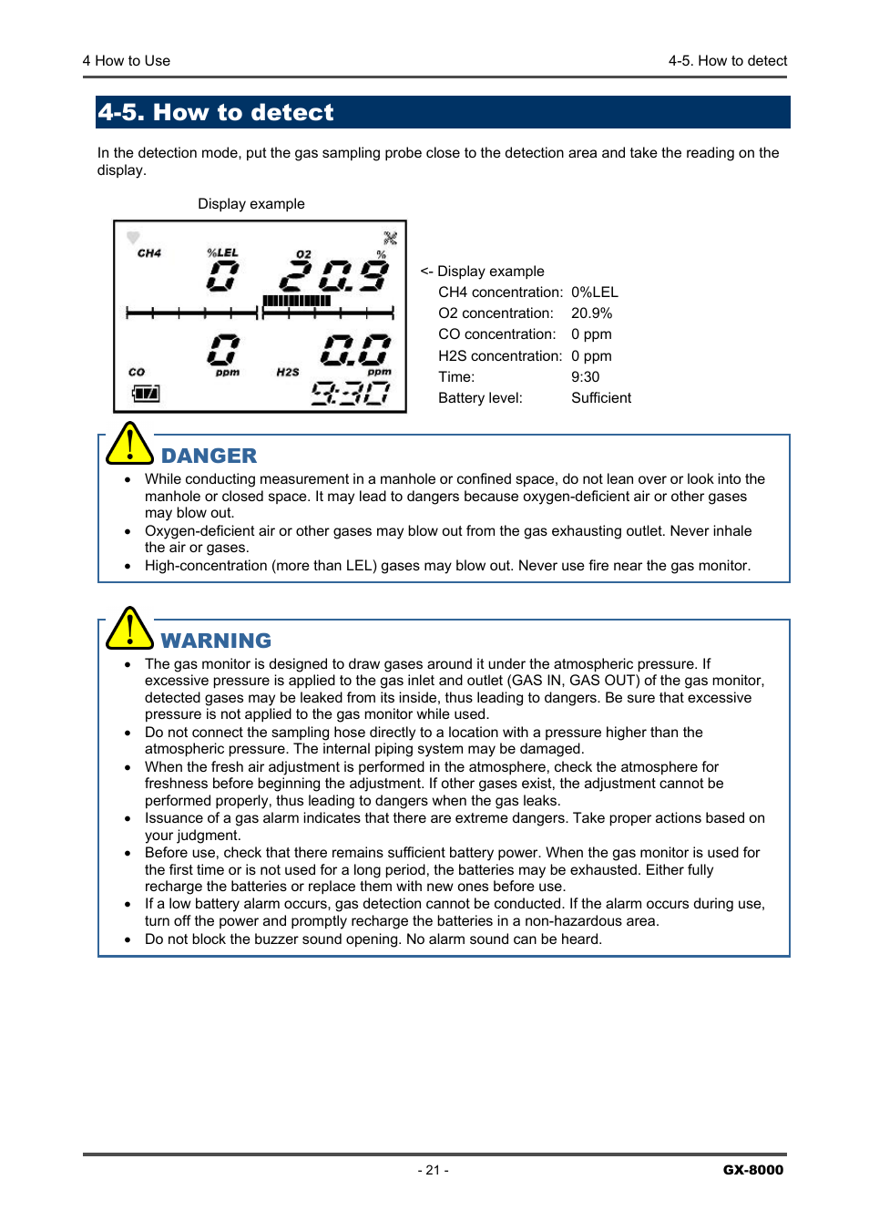 5. how to detect, Danger, Warning | RKI Instruments GX-8000(PT0-098) User Manual | Page 21 / 52