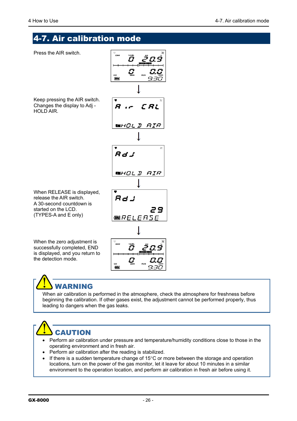 7. air calibration mode, Warning, Caution | RKI Instruments GX-8000(PT0-098) User Manual | Page 26 / 52