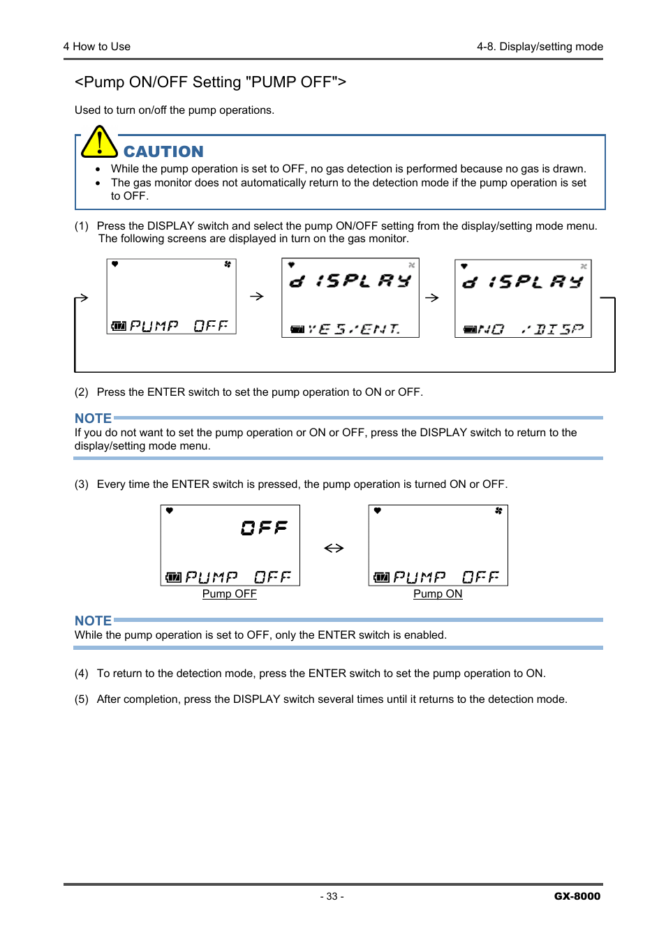 Pump on/off setting "pump off, Caution | RKI Instruments GX-8000(PT0-098) User Manual | Page 33 / 52