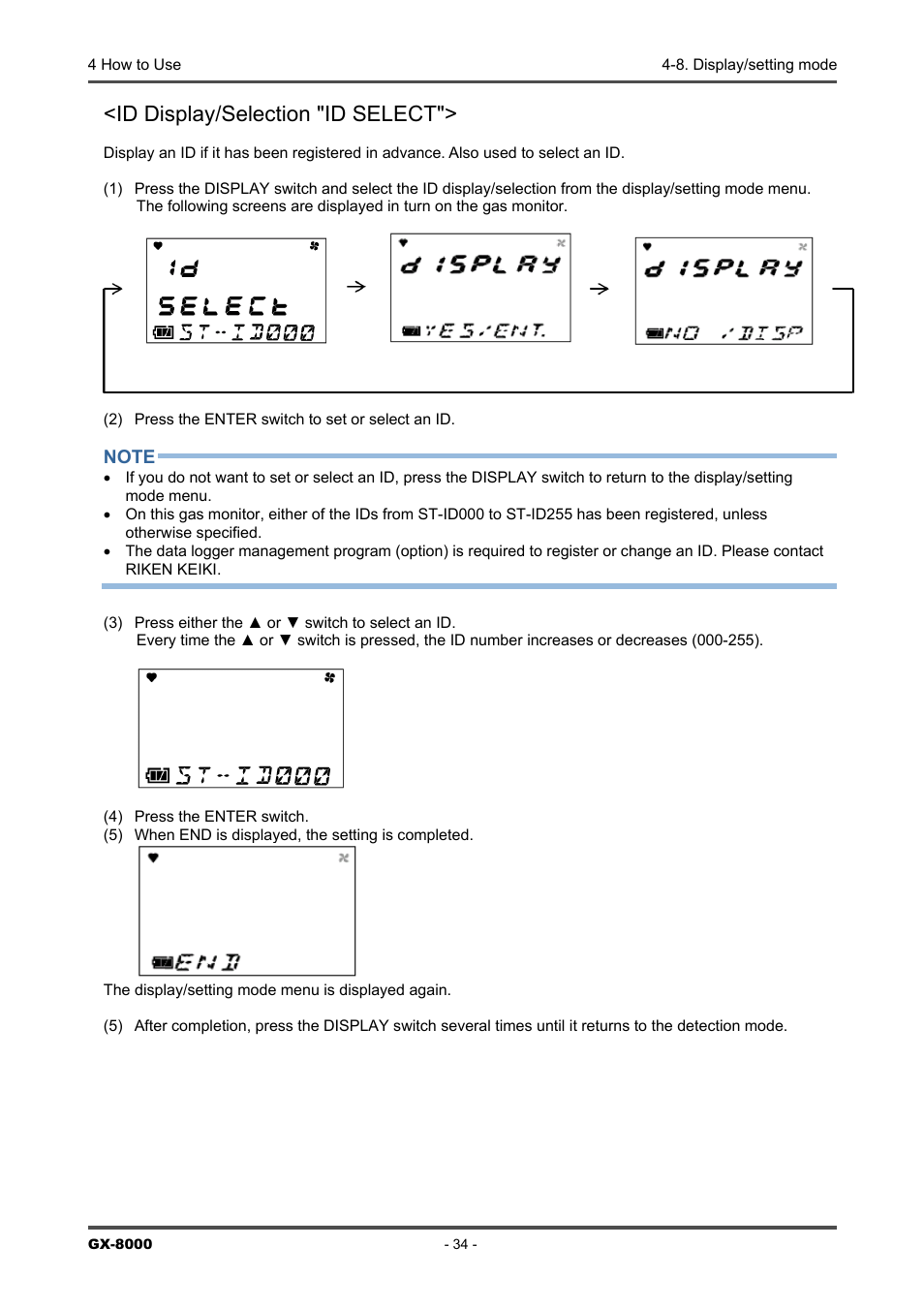 Id display/selection "id select | RKI Instruments GX-8000(PT0-098) User Manual | Page 34 / 52