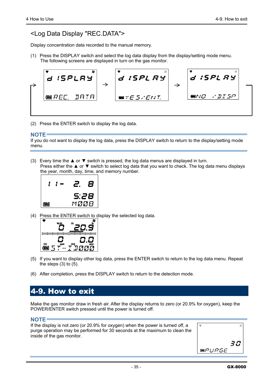 9. how to exit, Log data display "rec.data | RKI Instruments GX-8000(PT0-098) User Manual | Page 35 / 52