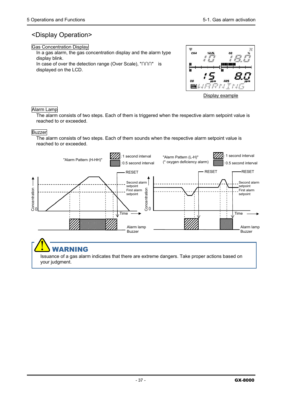 Display operation, Warning | RKI Instruments GX-8000(PT0-098) User Manual | Page 37 / 52