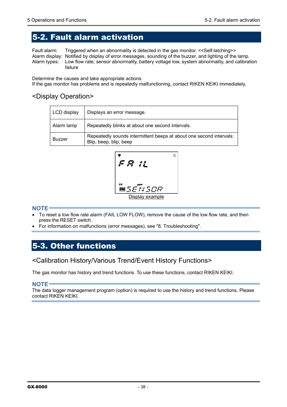 2. fault alarm activation, 3. other functions, Display operation | RKI Instruments GX-8000(PT0-098) User Manual | Page 38 / 52