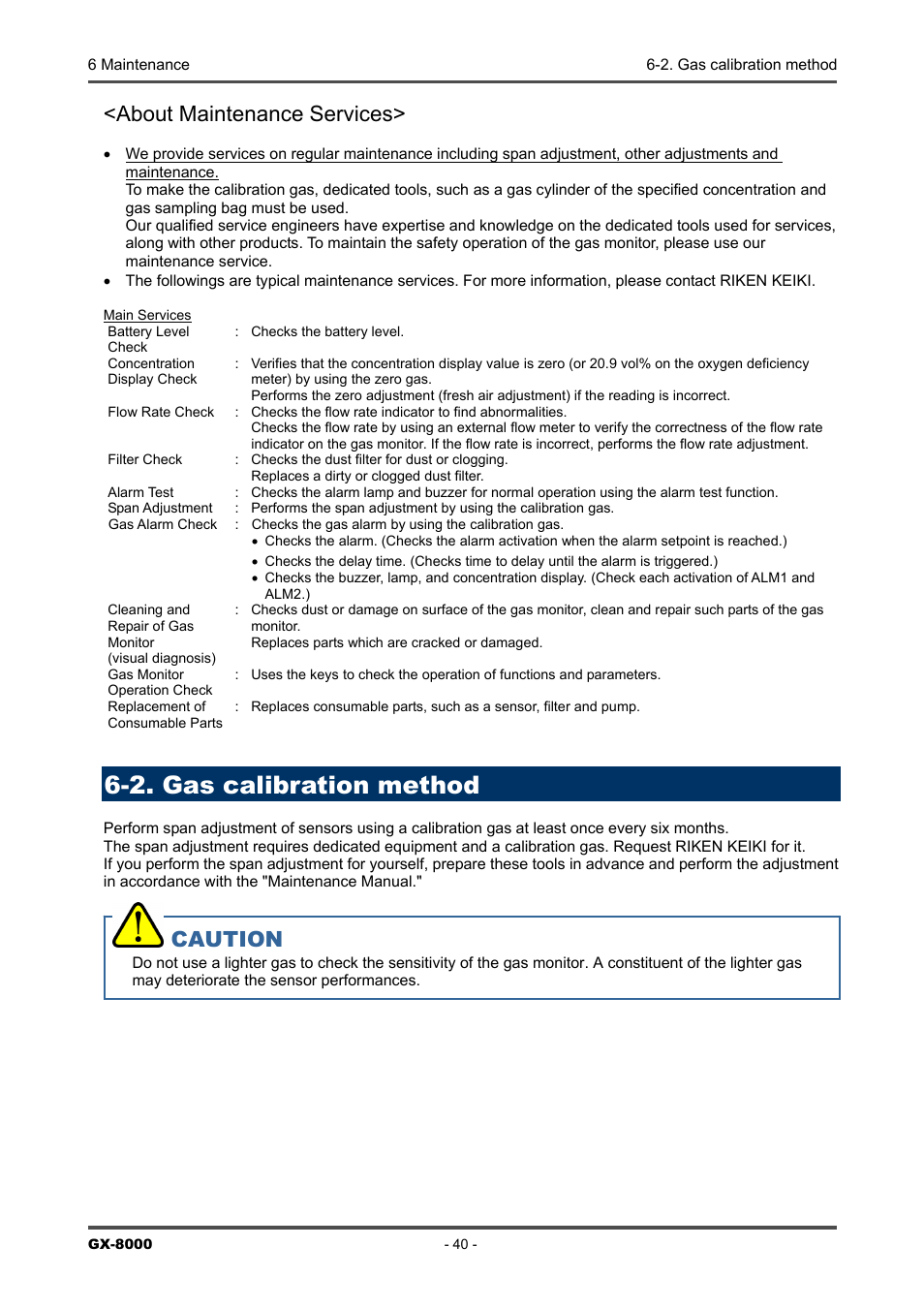 2. gas calibration method, About maintenance services, Caution | RKI Instruments GX-8000(PT0-098) User Manual | Page 40 / 52