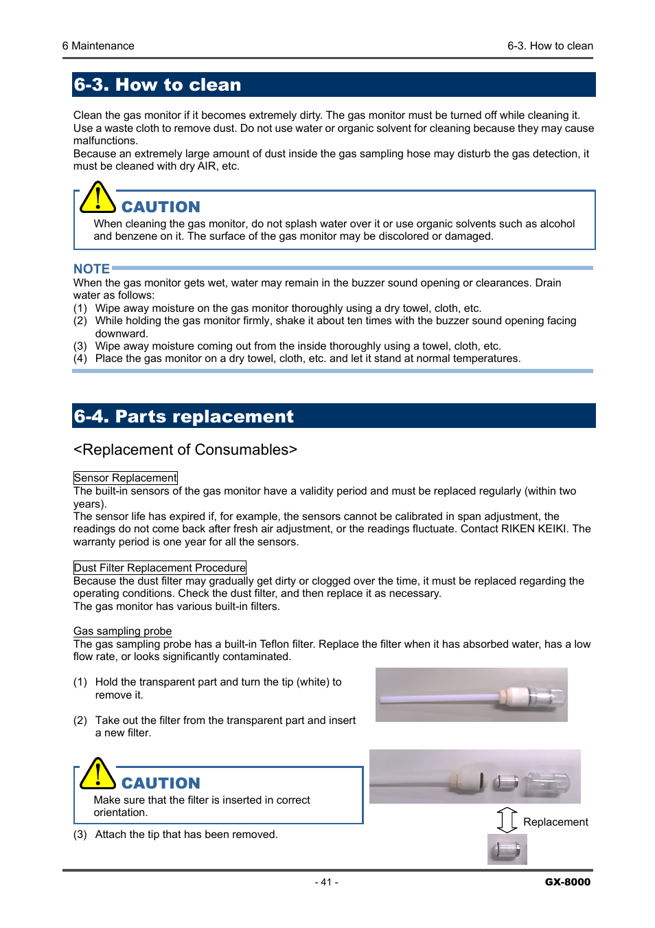 3. how to clean, 4. parts replacement, Replacement of consumables | Caution | RKI Instruments GX-8000(PT0-098) User Manual | Page 41 / 52