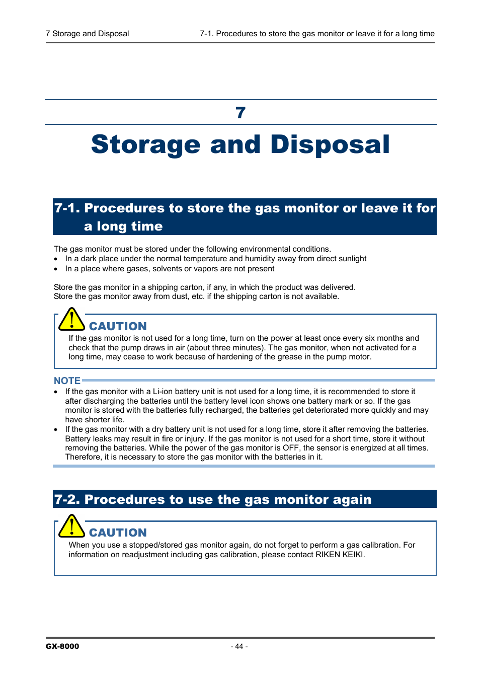 Storage and disposal, 2. procedures to use the gas monitor again | RKI Instruments GX-8000(PT0-098) User Manual | Page 44 / 52