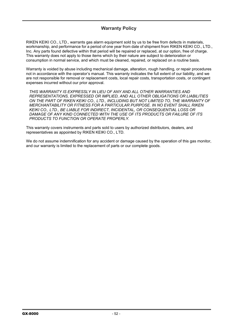 Warranty policy | RKI Instruments GX-8000(PT0-098) User Manual | Page 52 / 52
