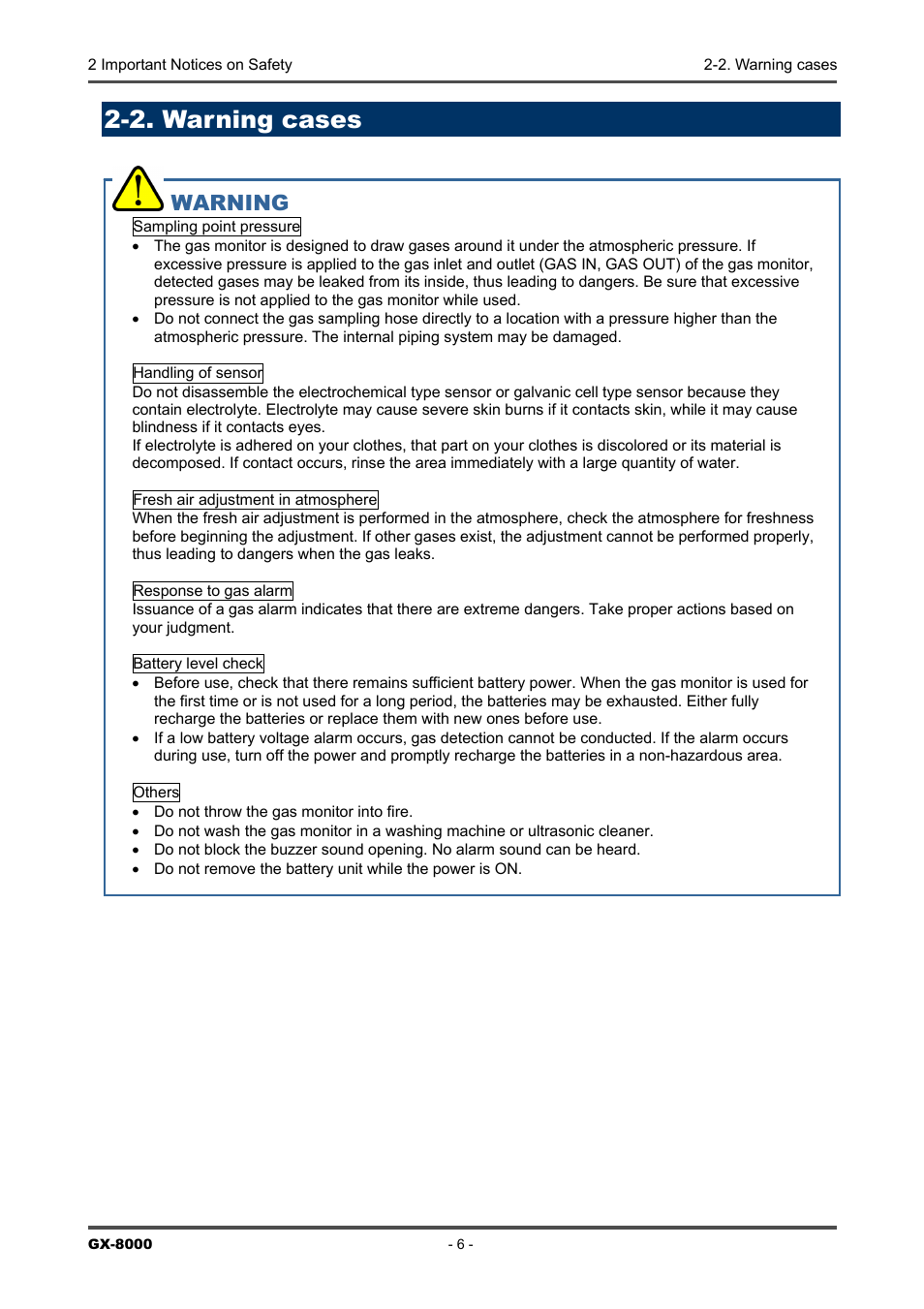 2. warning cases, Warning | RKI Instruments GX-8000(PT0-098) User Manual | Page 6 / 52