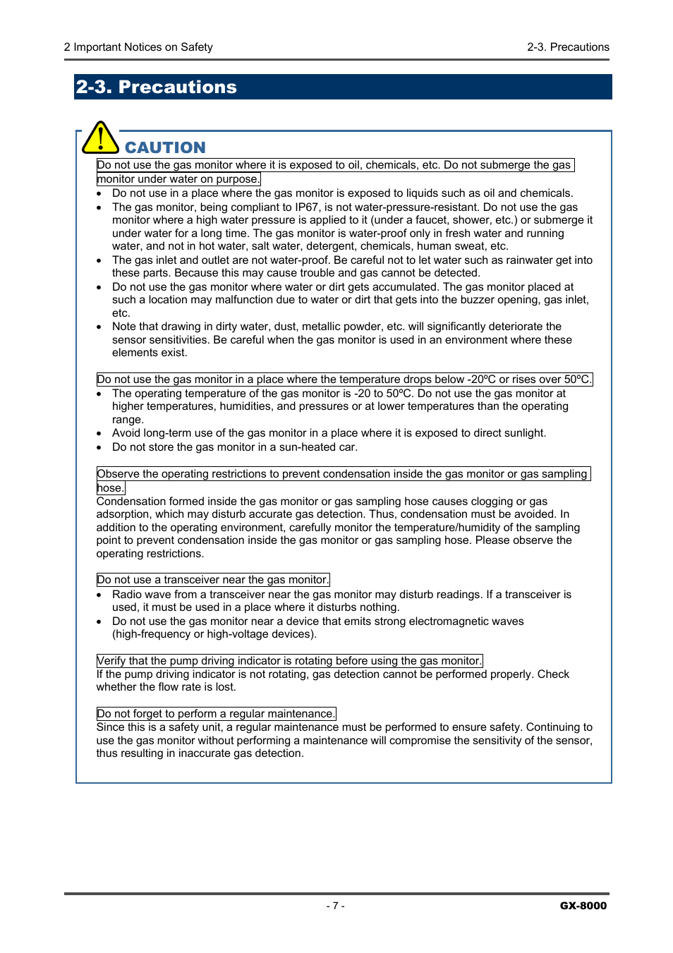 3. precautions, Caution | RKI Instruments GX-8000(PT0-098) User Manual | Page 7 / 52