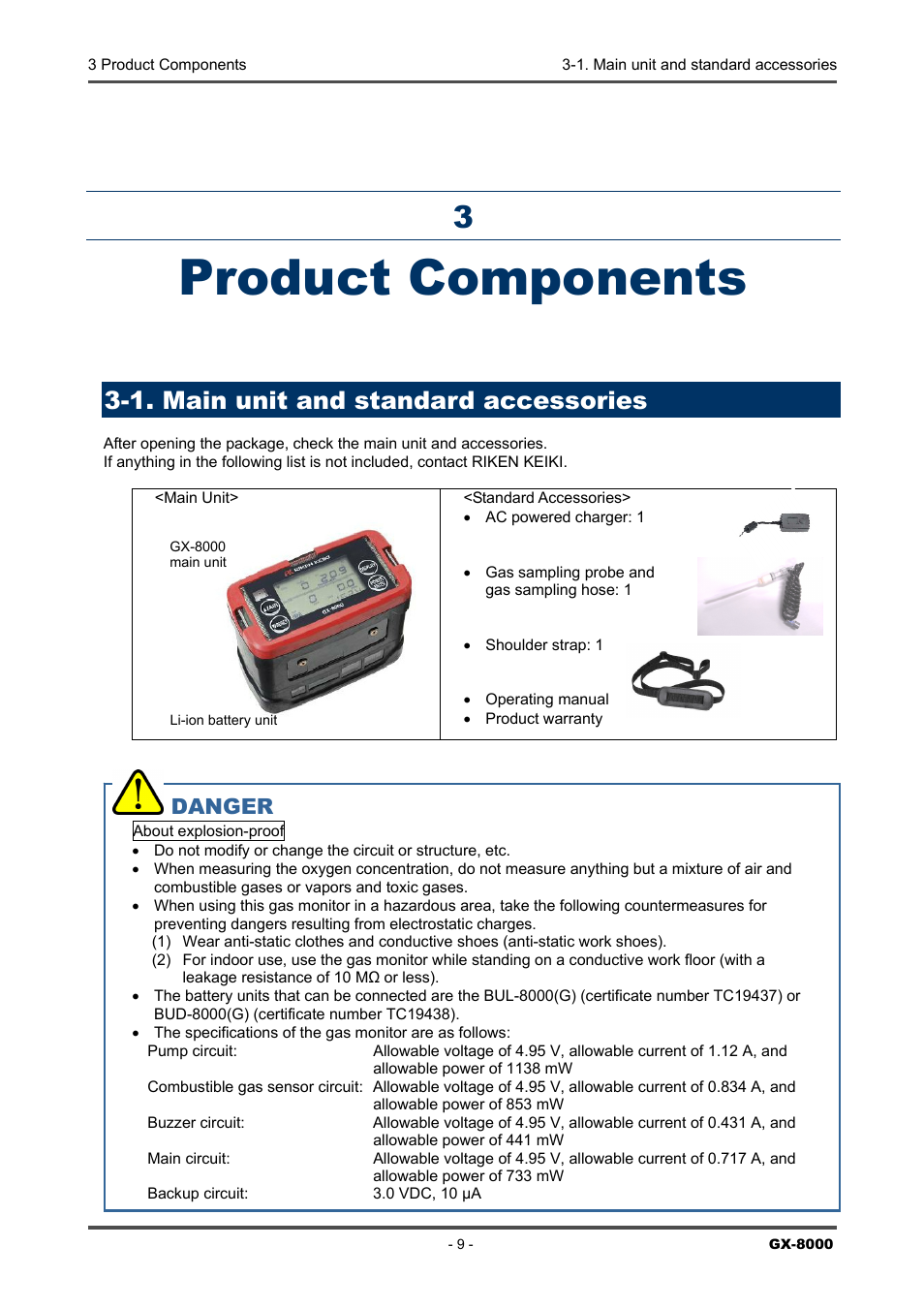 Product components, 1. main unit and standard accessories, Danger | RKI Instruments GX-8000(PT0-098) User Manual | Page 9 / 52