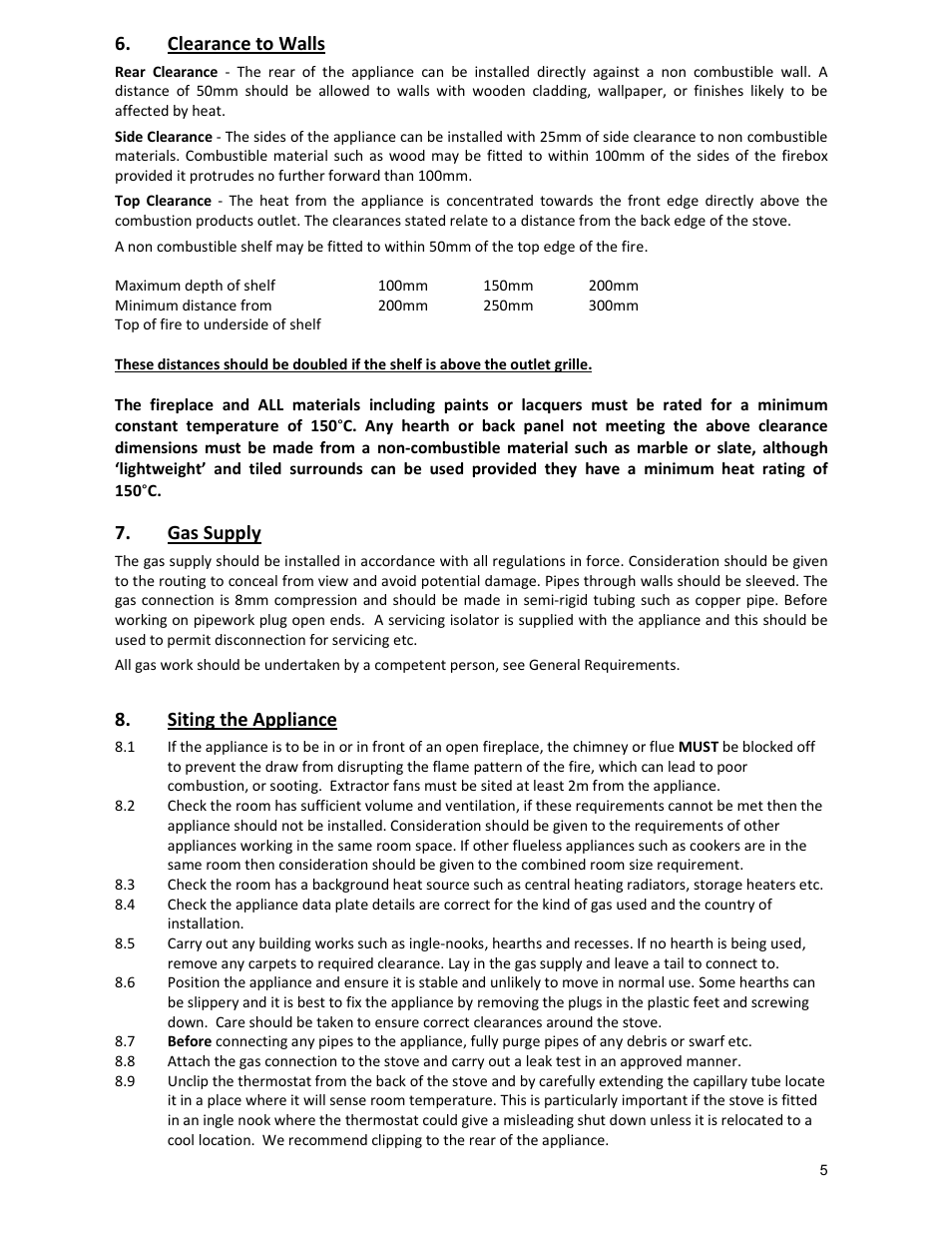 Clearance to walls, Gas supply, Siting the appliance | Burley G4121 mk2 User Manual | Page 5 / 12