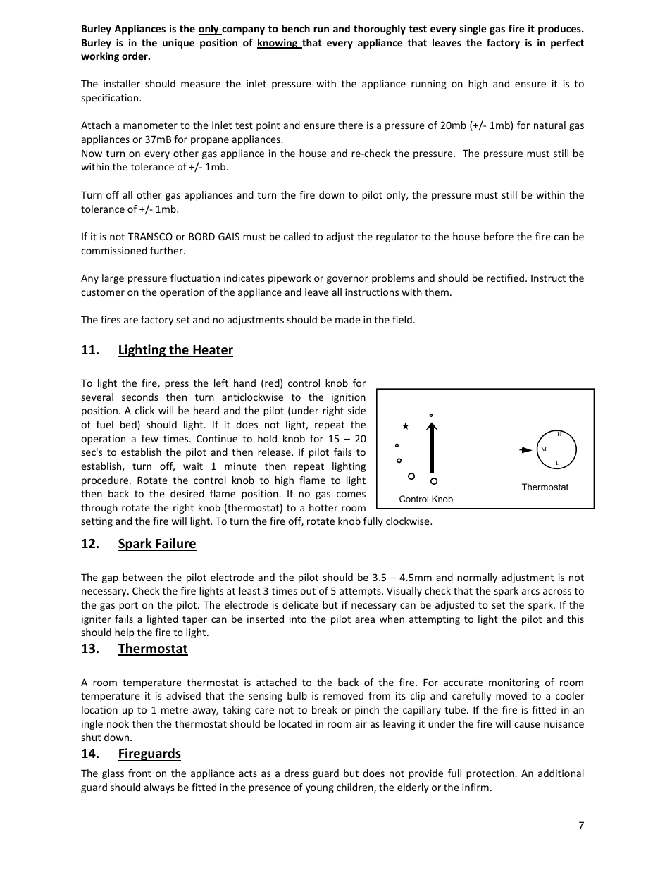 Lighting the heater, Spark failure, Thermostat | Fireguards | Burley G4121 mk2 User Manual | Page 7 / 12