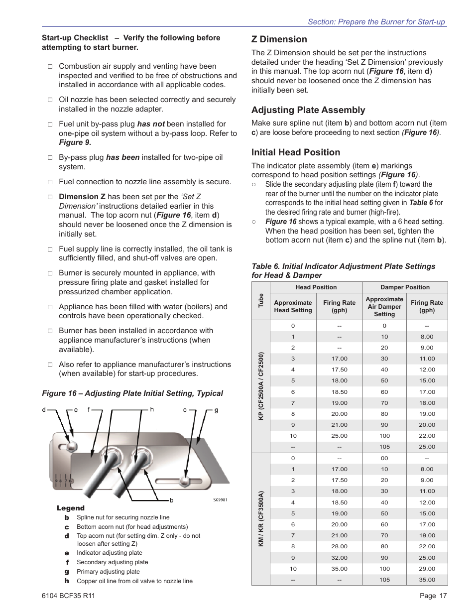 Z dimension, Adjusting plate assembly, Initial head position | Beckett CF3500 User Manual | Page 17 / 24