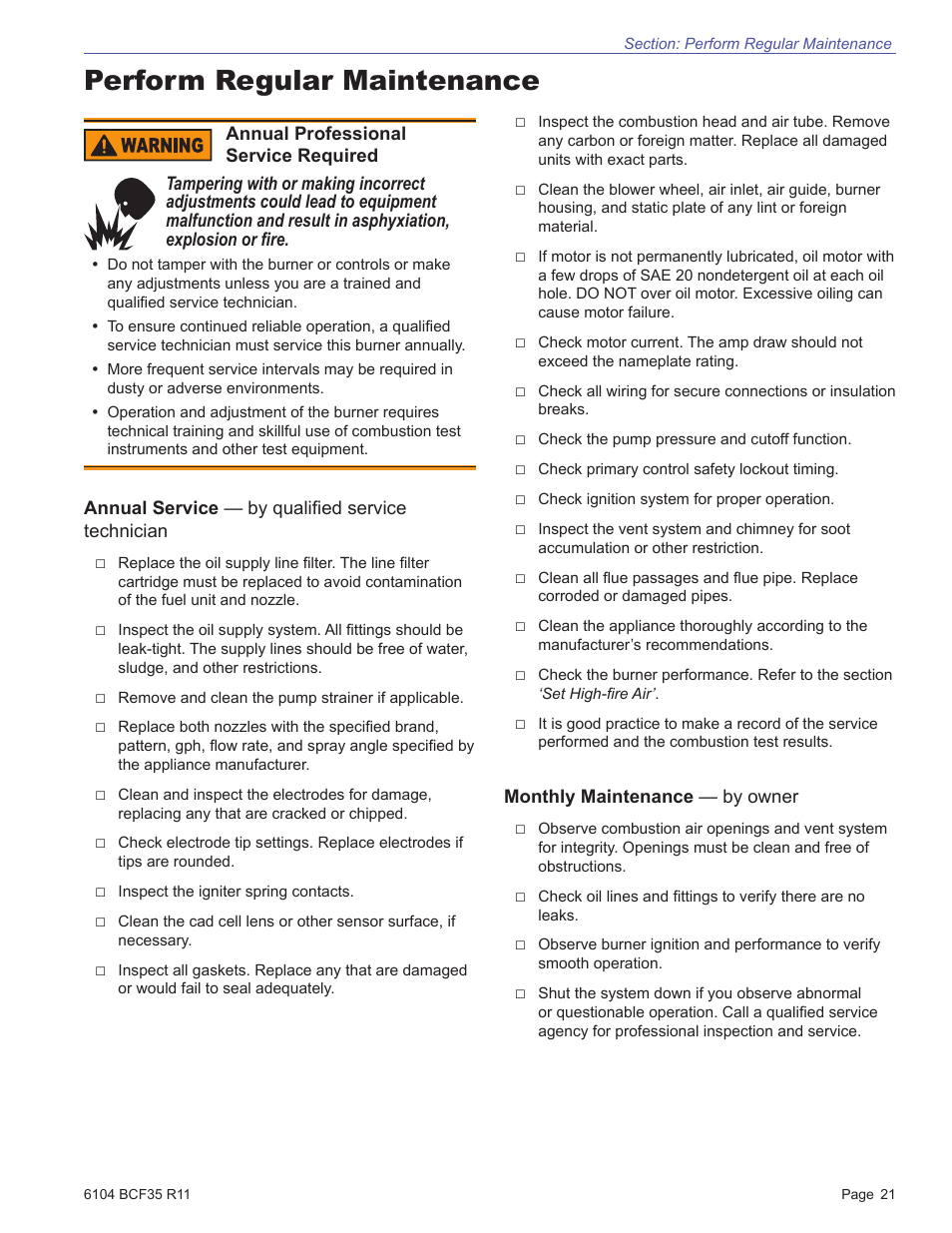Perform regular maintenance | Beckett CF3500 User Manual | Page 21 / 24