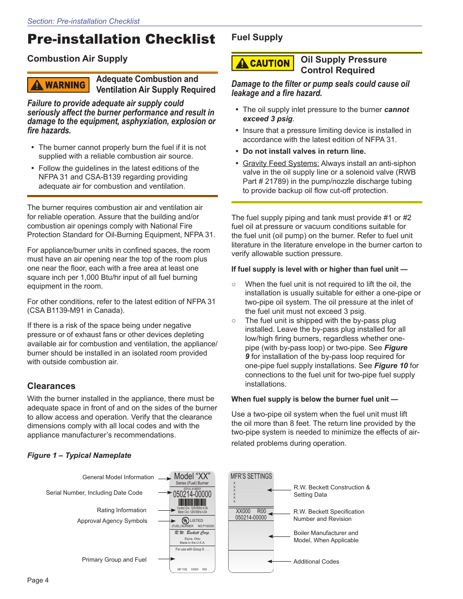 Pre-installation checklist, Combustion air supply fuel supply, Clearances | Model “xx | Beckett CF3500 User Manual | Page 4 / 24