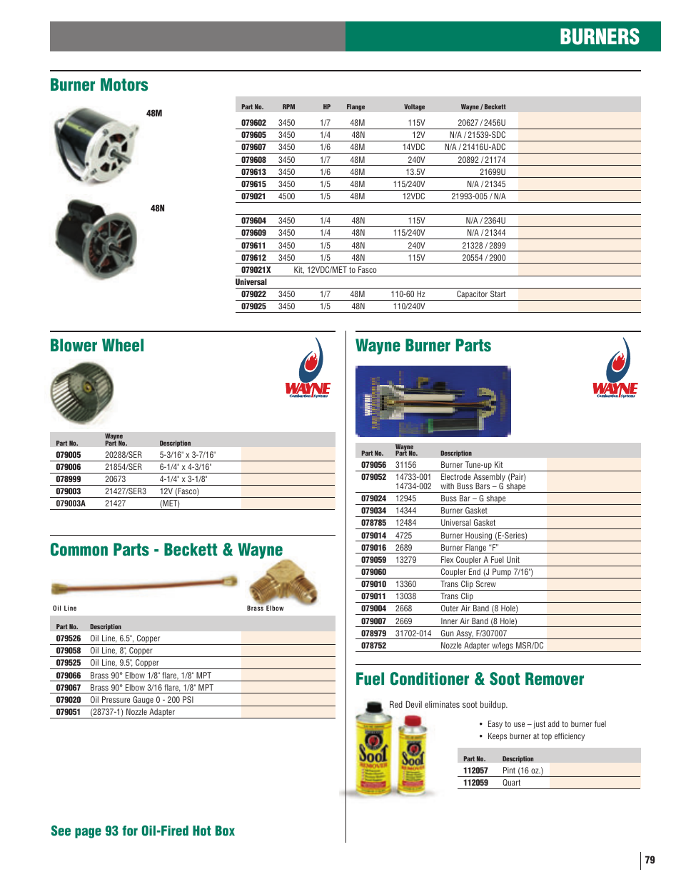 Burners, Wayne burner parts, Blower wheel | Burner motors, Common parts - beckett & wayne, Fuel conditioner & soot remover, See page 93 for oil-fired hot box | Beckett Jets 1000 User Manual | Page 2 / 6