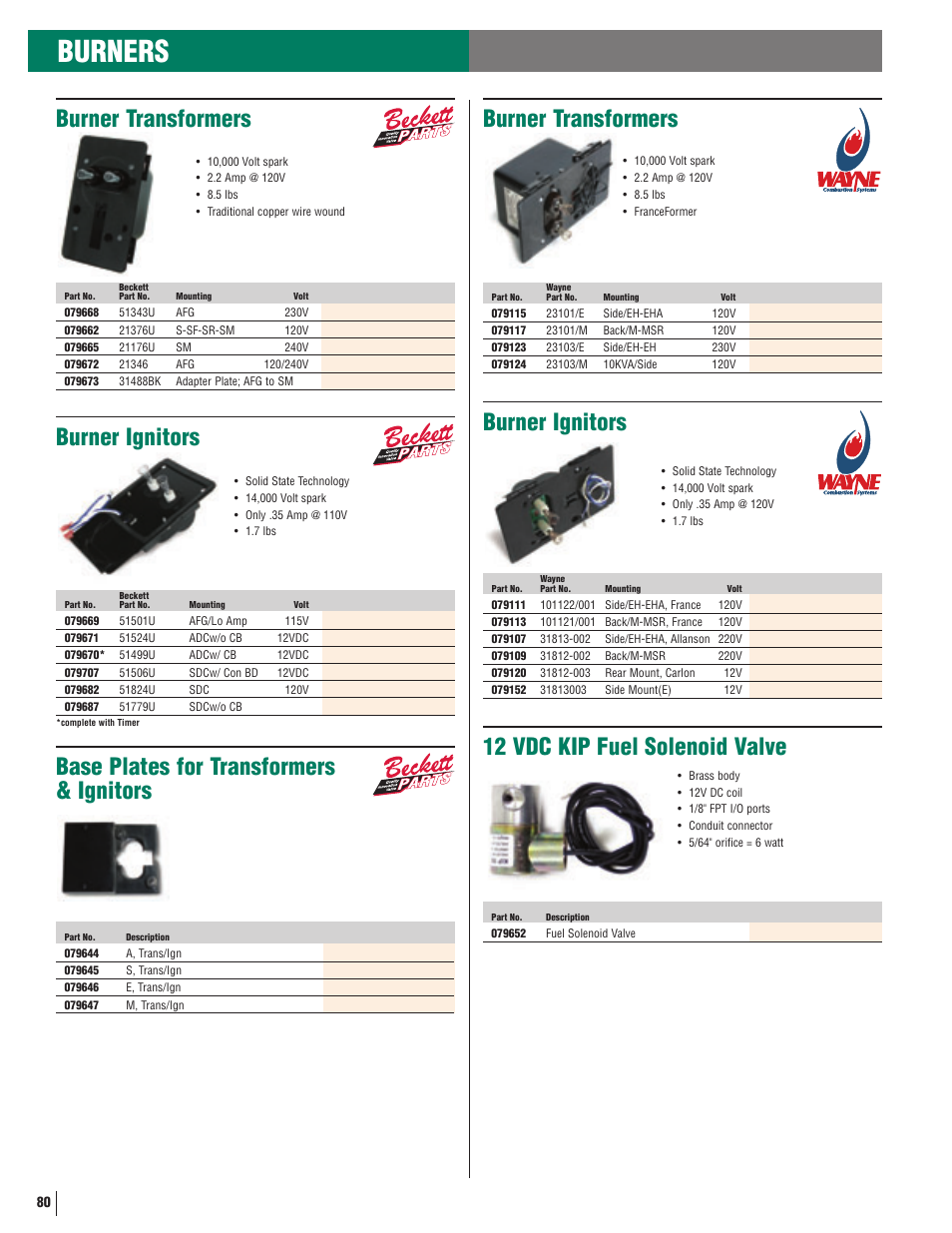 Burners, 12 vdc kip fuel solenoid valve, Burner transformers | Base plates for transformers & ignitors, Burner ignitors | Beckett Jets 1000 User Manual | Page 3 / 6