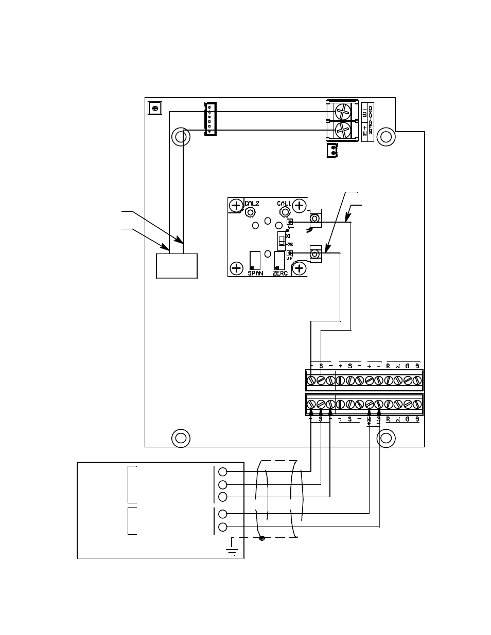 Oxygen h2s oxygen sensor 4/20 signal, Green white + 24 vdc - (dc ground), Controller or recording device | Red (+), Black (-), Blue (s), White (+) | RKI Instruments 35-3001-09 User Manual | Page 15 / 26
