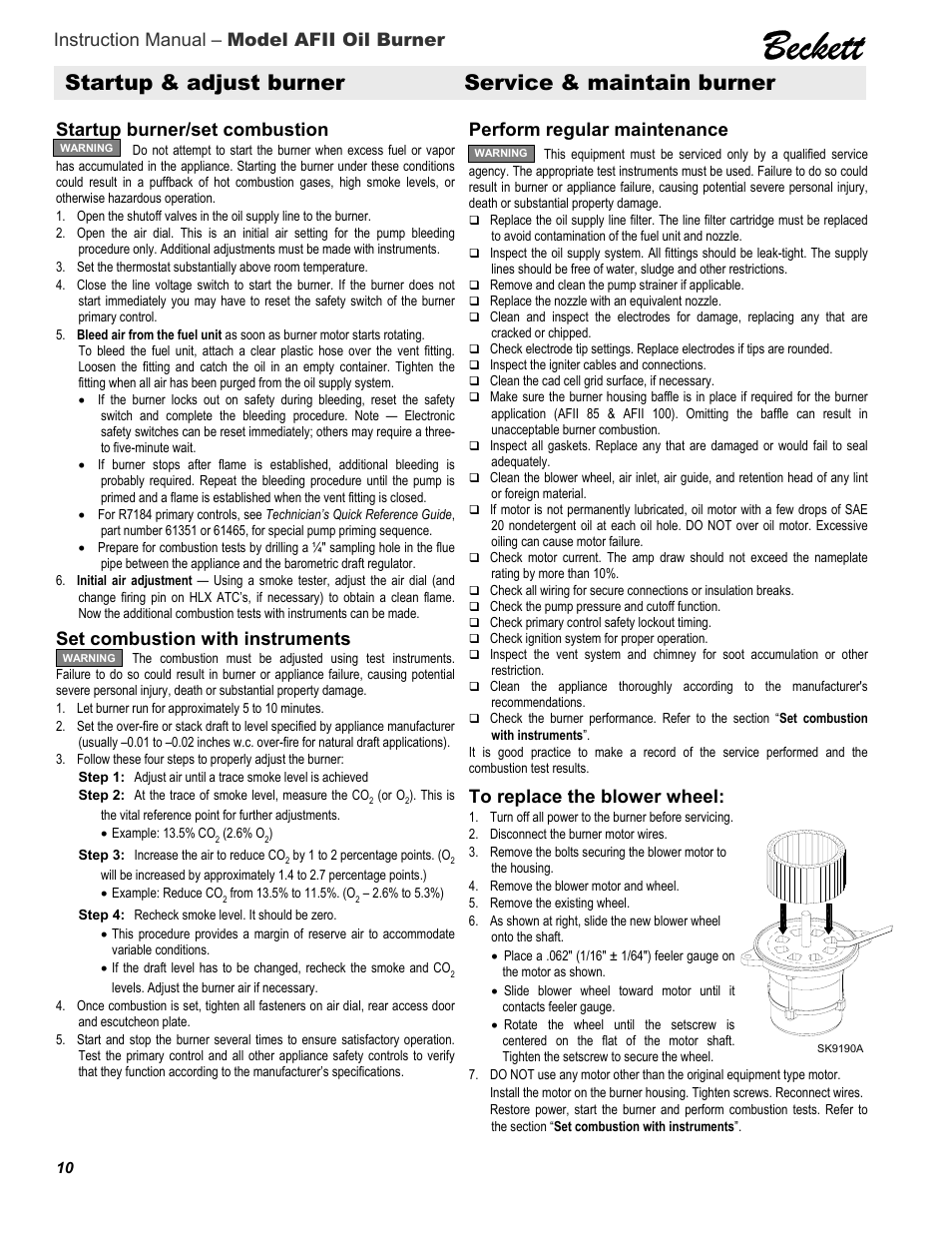 Beckett, Startup & adjust burner service & maintain burner, Instruction manual – model afii oil burner | Set combustion with instruments | Beckett 100 User Manual | Page 10 / 12
