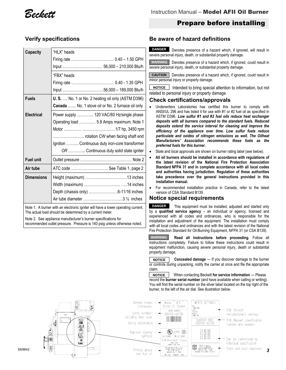 Be aware of hazard definitions, Beckett, Prepare before installing | Beckett 100 User Manual | Page 3 / 12