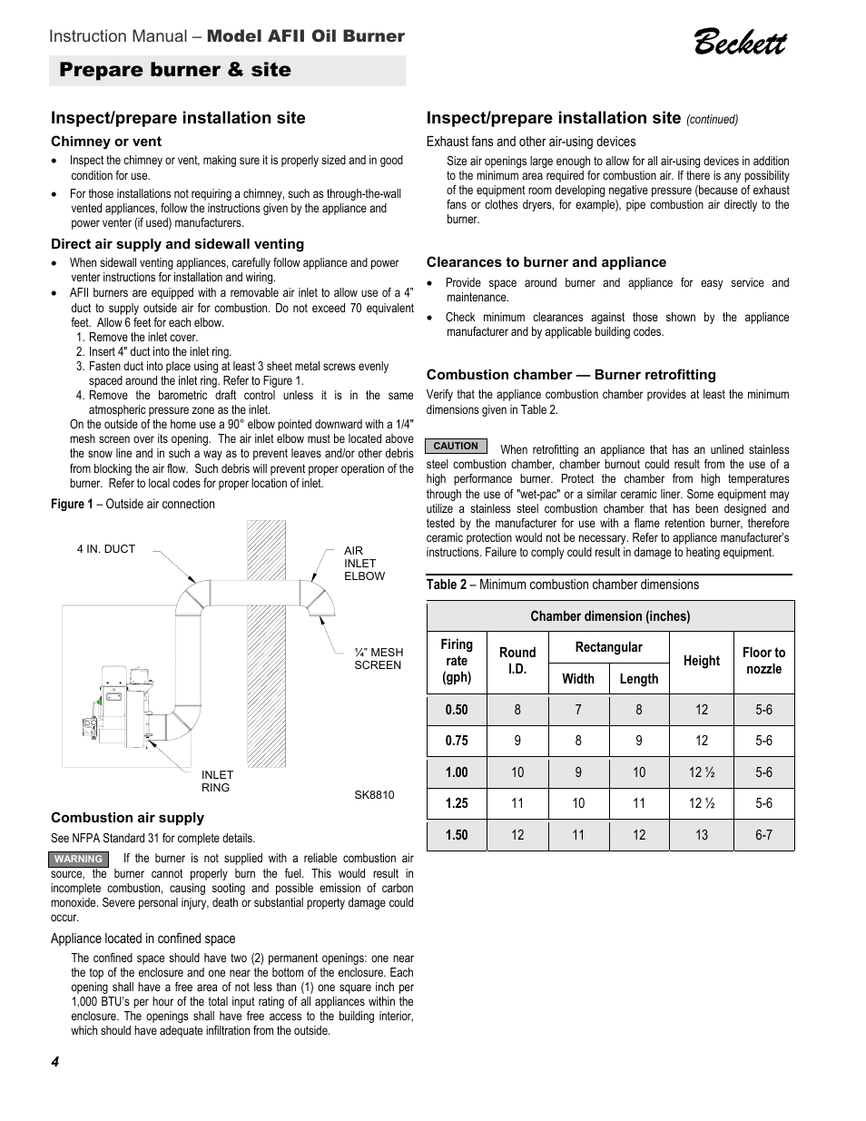 Beckett, Prepare burner & site | Beckett 100 User Manual | Page 4 / 12