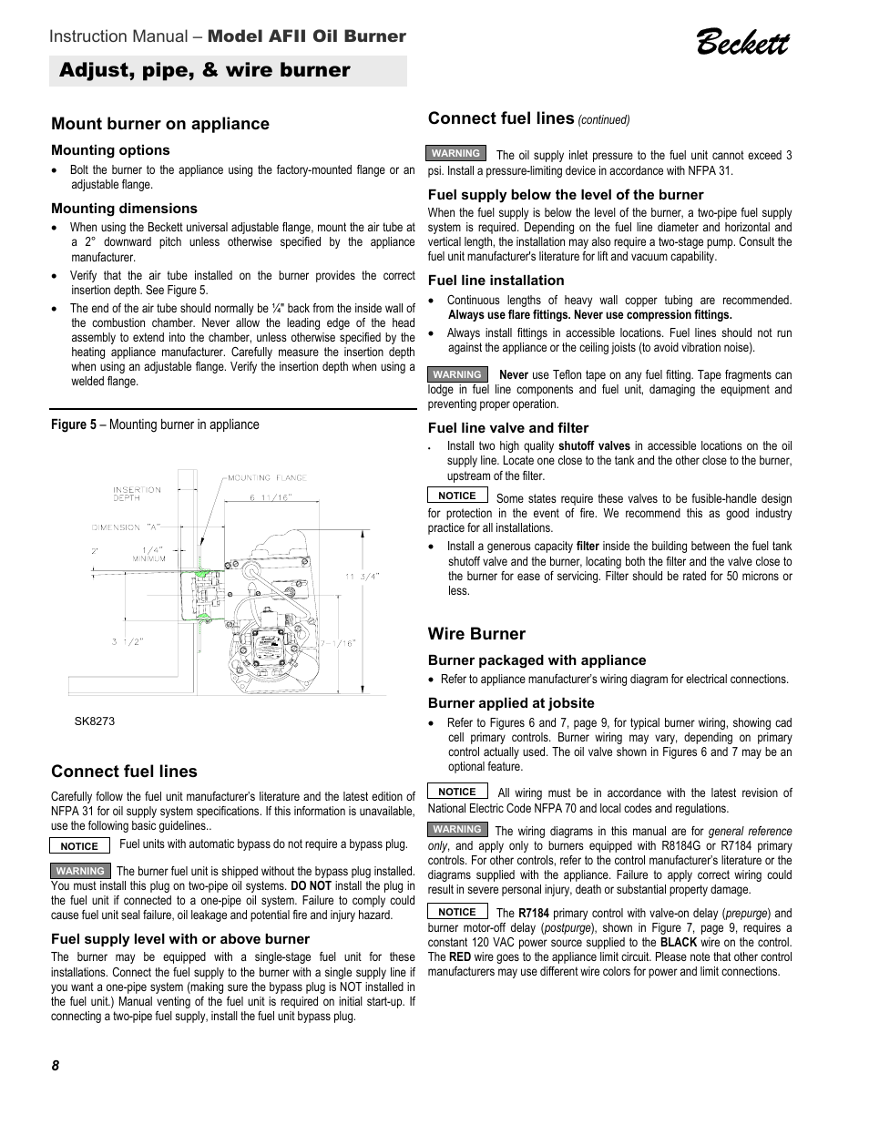 Beckett, Adjust, pipe, & wire burner, Instruction manual – model afii oil burner | Connect fuel lines, Mount burner on appliance, Wire burner | Beckett 100 User Manual | Page 8 / 12