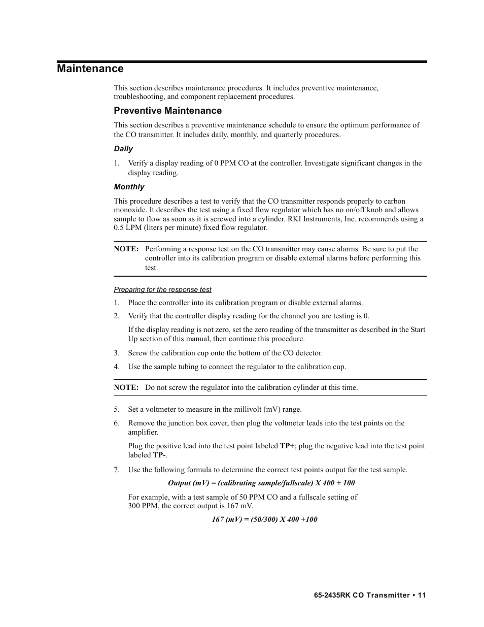 Maintenance | RKI Instruments 65-2435RK User Manual | Page 11 / 21