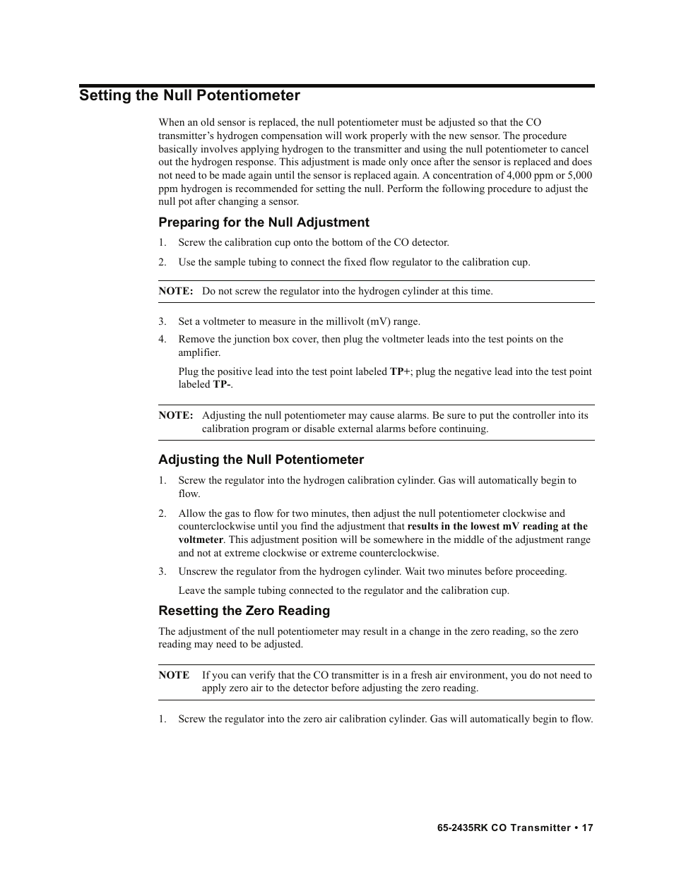 Setting the null potentiometer | RKI Instruments 65-2435RK User Manual | Page 17 / 21