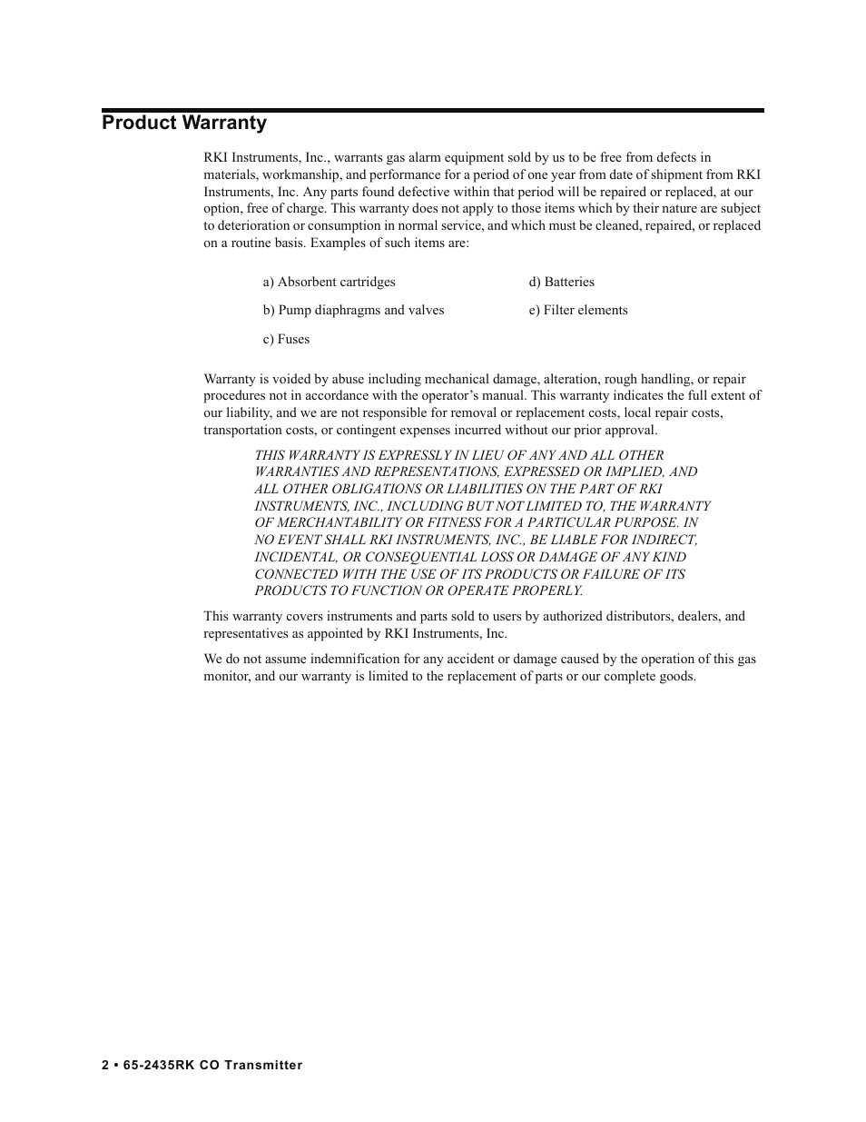 Product warranty | RKI Instruments 65-2435RK User Manual | Page 2 / 21