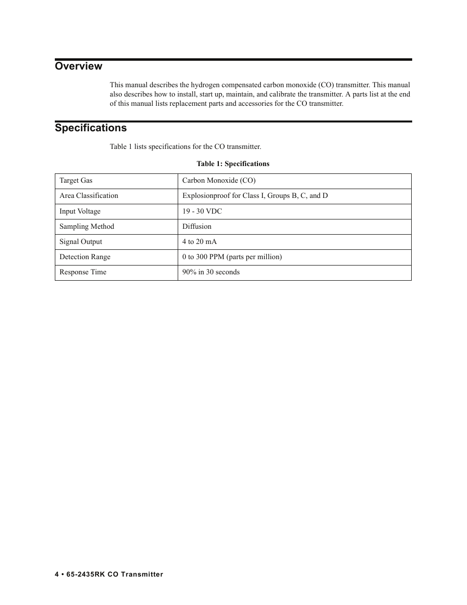 Overview, Specifications | RKI Instruments 65-2435RK User Manual | Page 4 / 21