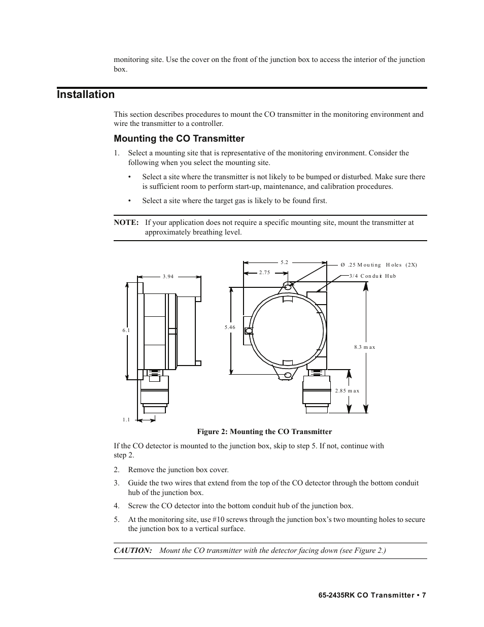 Installation, Mounting the co transmitter | RKI Instruments 65-2435RK User Manual | Page 7 / 21