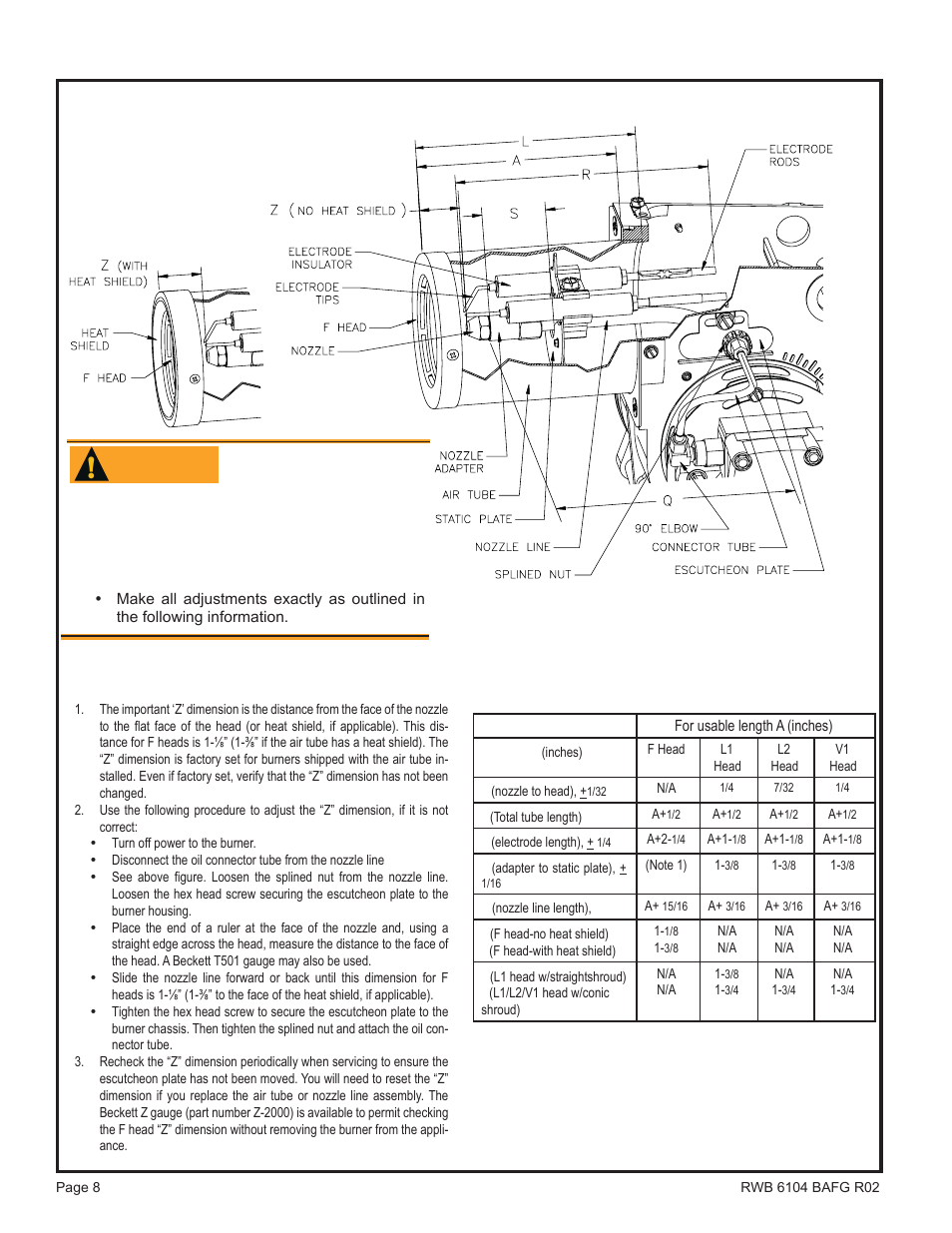 Warning, Check/adjust ‘z’ dimension - ‘f’ heads, Check/adjust ‘z’ dimension for ‘f’ heads | Burner dimensions | Beckett AFG User Manual | Page 8 / 16