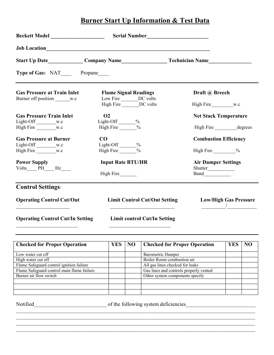 Burner start up information & test data, Control settings | Beckett CG10B User Manual | Page 4 / 4