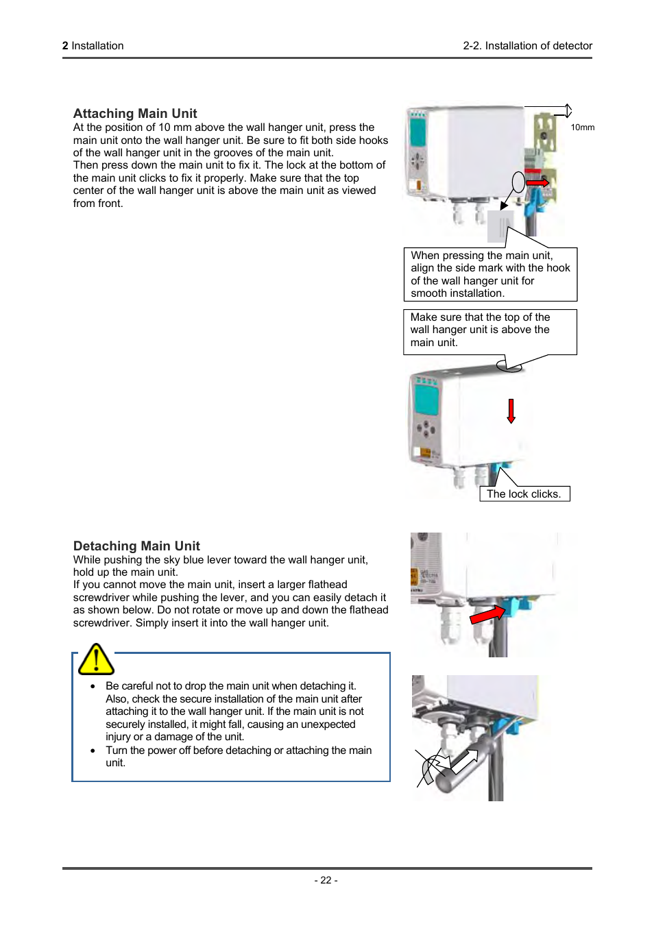 Detaching and attaching main unit, Caution | RKI Instruments GD-70D Series User Manual | Page 22 / 81