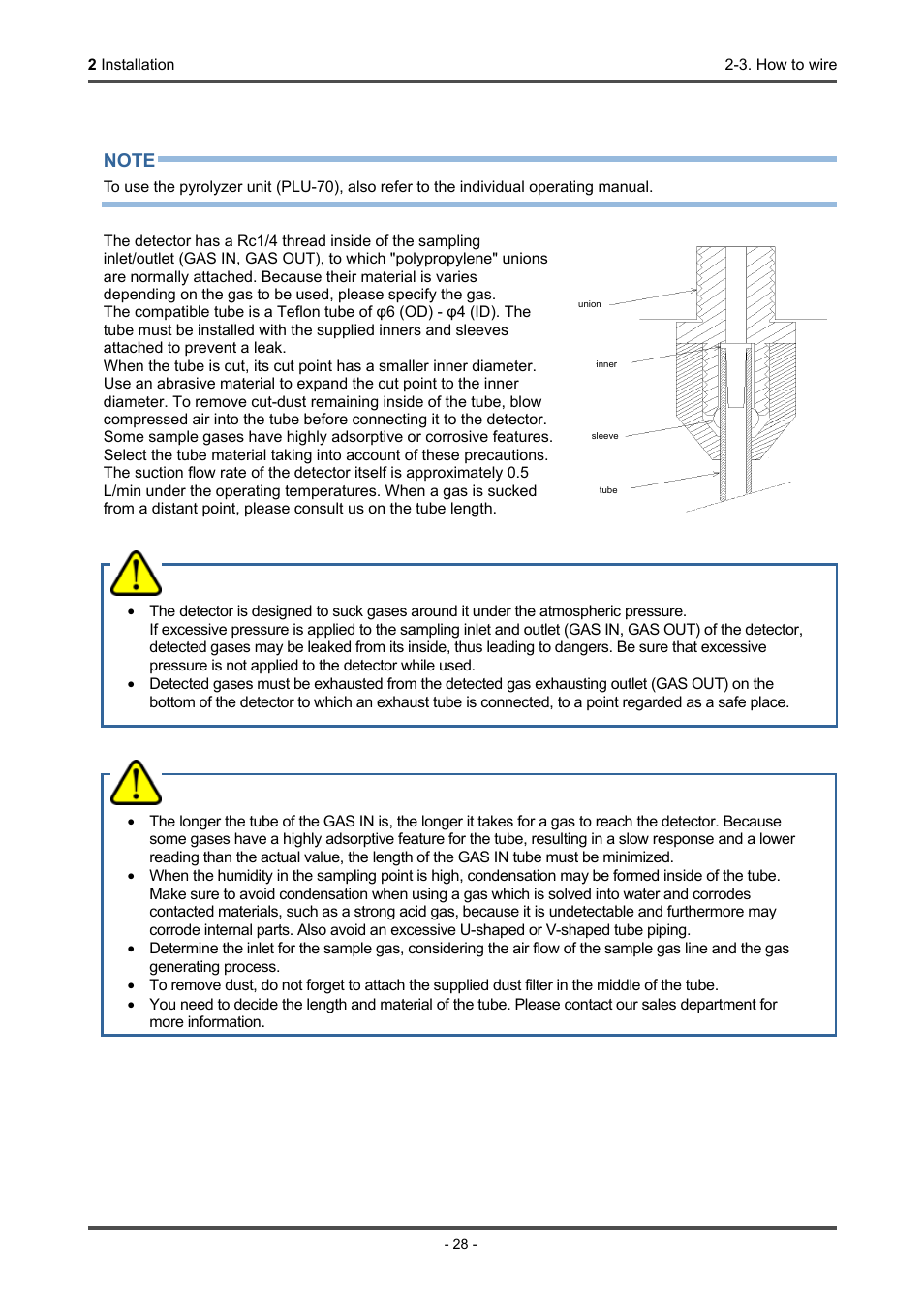 How to tube, Warning, Caution | RKI Instruments GD-70D Series User Manual | Page 28 / 81