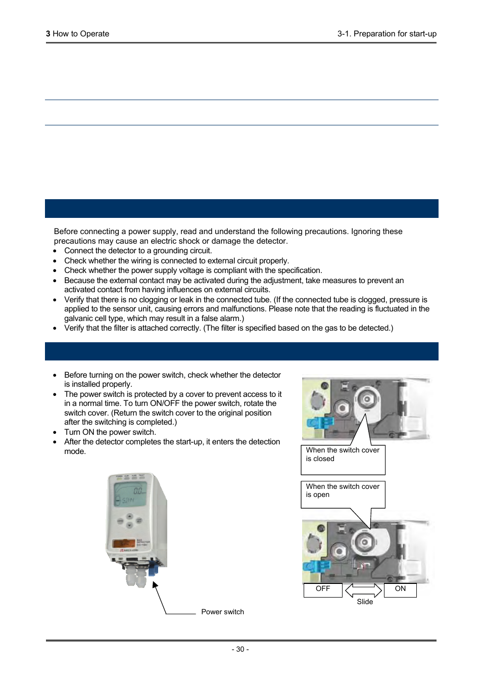 How to operate, 1. preparation for start-up, 2. how to start the detector | RKI Instruments GD-70D Series User Manual | Page 30 / 81