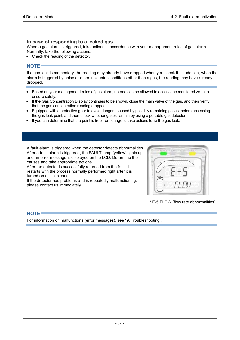 2. fault alarm activation, Response to gas alarm | RKI Instruments GD-70D Series User Manual | Page 37 / 81