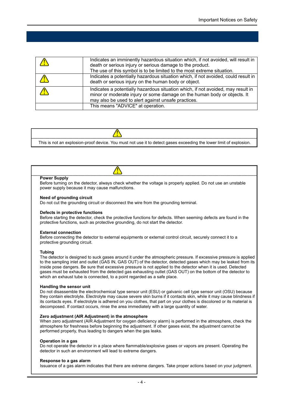 Important notices on safety, Danger cases> danger, Warning cases> warning | RKI Instruments GD-70D Series User Manual | Page 4 / 81