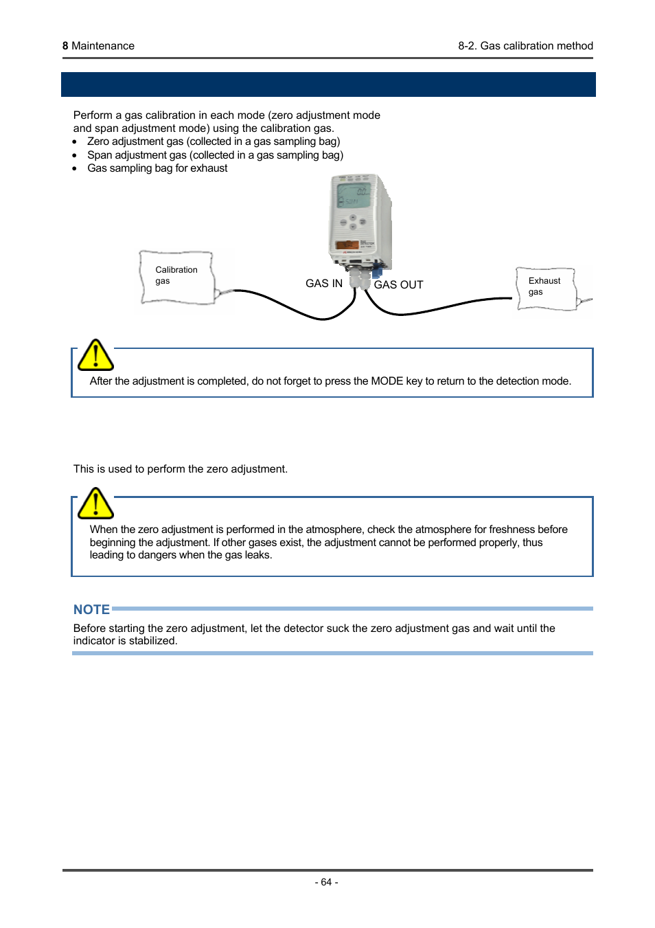 2. gas calibration method, Zero adjustment "2-1, Warning | RKI Instruments GD-70D Series User Manual | Page 64 / 81