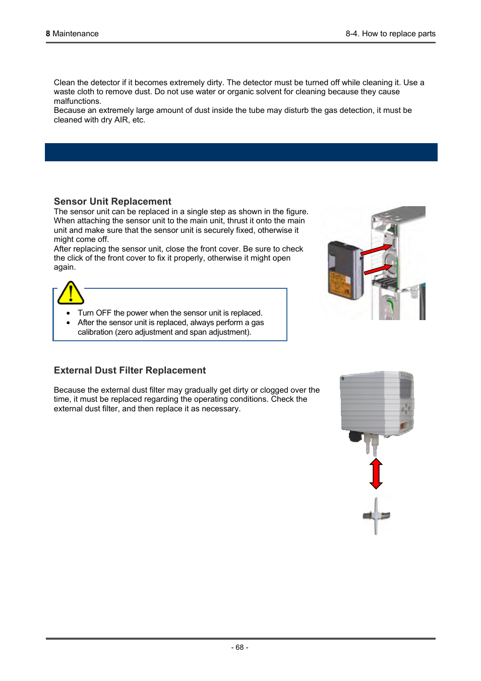 4. how to replace parts, Cleaning of detector, Replacement of consumables | Caution | RKI Instruments GD-70D Series User Manual | Page 68 / 81