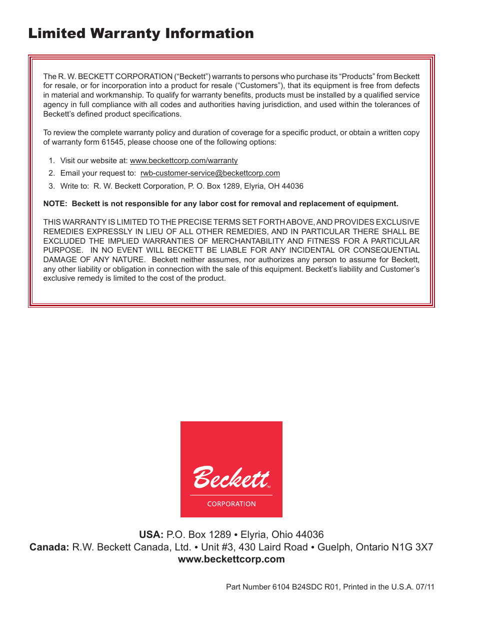 Limited warranty information | Beckett SDC 24 VDC User Manual | Page 16 / 16