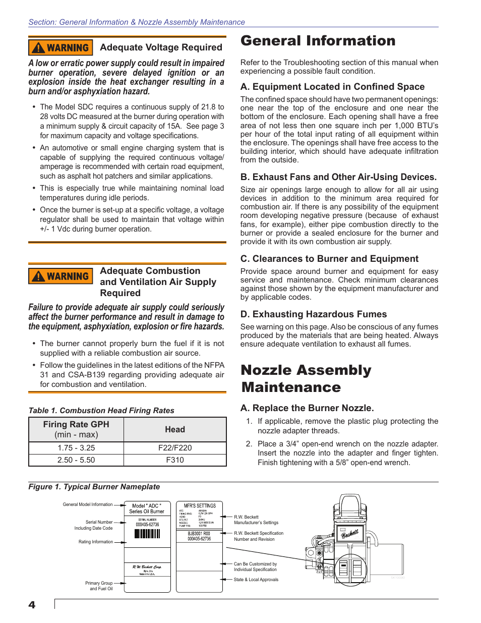 General information, Nozzle assembly maintenance | Beckett SDC 24 VDC User Manual | Page 4 / 16